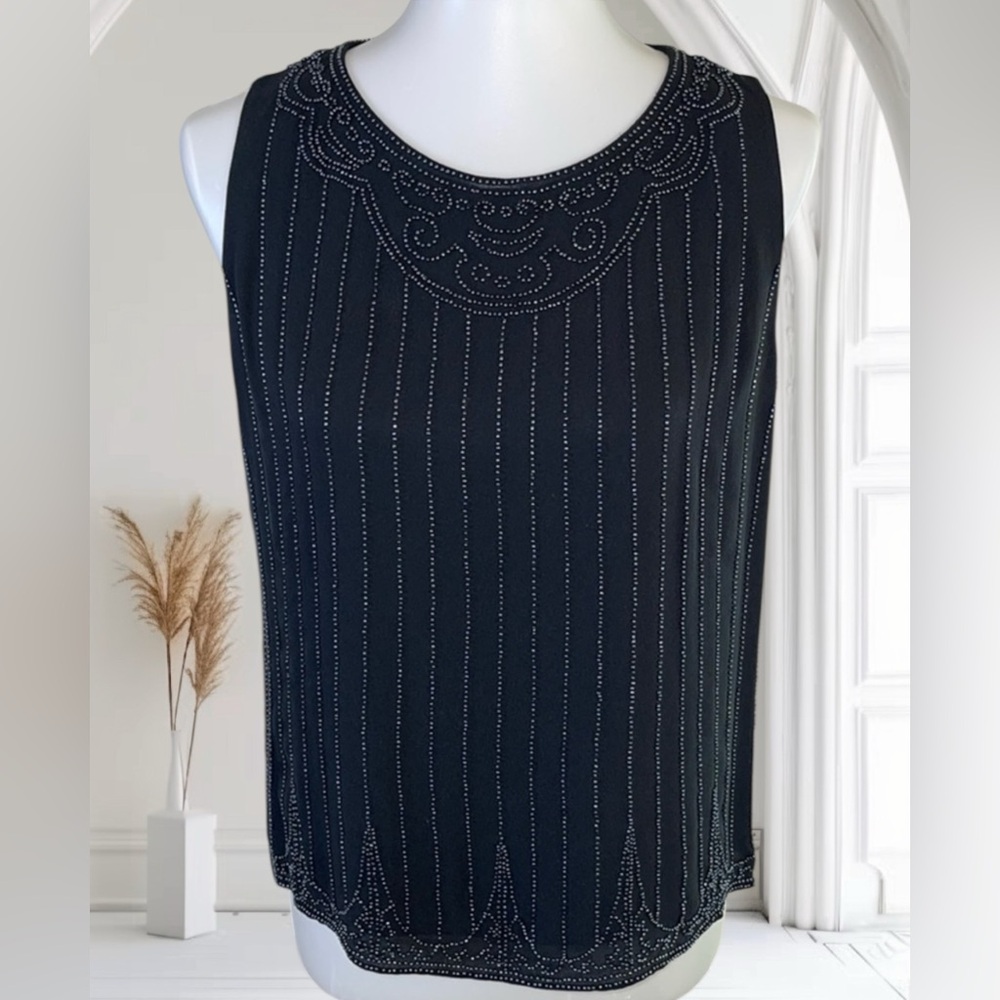 Talbots Pure Silk Black Beaded Top Size 8
